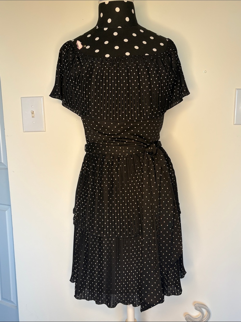 Black Polka Dot Strapless Midi Dress with Waist Tie